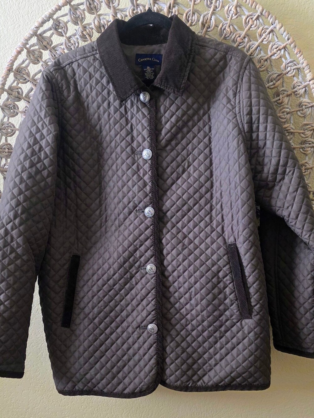 Y2K Charter Club Olive Green Quilted Barn Coat Jacket Brown Corduroy XL